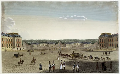 Ansicht der großen und kleinen Ställe des Königs in Versailles - in „Vues de Paris“ von Courvoisier