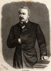 Porträt von Ferdinand de Lesseps (1805-1894), Diplomat und Unternehmer, Förderer der beiden ehrgeizigen Projekte: der Kanäle von Suez und Panama, Zeichnung von Henri Rousseau, zur Illustration eines Ausflugs zum Suezkanal im Jahr 1862 von Paul Merruau. Gra
