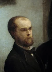 Ecktisch, Detail. Porträt des Dichters Paul Verlaine