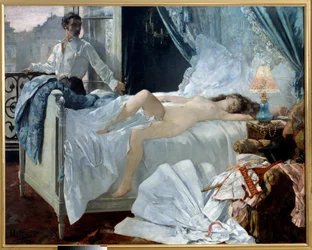 Rolla. Ein Paar in einem Schlafzimmer, die Frau schläft nackt, und der Mann betrachtet sie am Fenster. 1878. Maße: 1,75 x 2,20 m. Musée des Beaux-Arts de Bordeaux