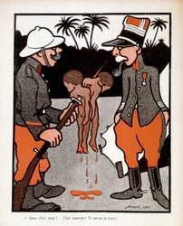 Zwei auf einmal! Großartig, du bekommst das Kreuz! : Karikatur über französische Soldaten, die afrikanische Kinder töteten, in 
