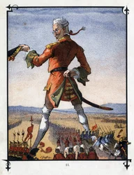 Lemuel Gulliver kommandiert die Armee der Lilliputaner. Illustration für „Gullivers Reisen“ von Jonathan Swift (1667-1745)