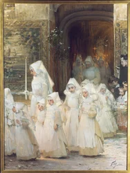 Prozession junger Mädchen am Konfirmationstag, L