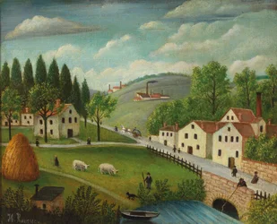 Pastorale Landschaft mit Bach, Angler und Spaziergängern