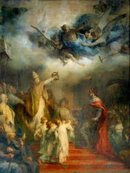 Papst Leo III. krönt Karl den Großen am Weihnachtstag des Jahres achthundert im Petersdom zu Rom zum Kaiser des Westens.