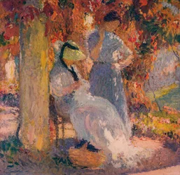 Nähszene unter der Pergola in Marquayrol, 1902, ca. 1932
