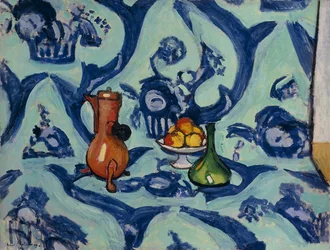 Stillleben mit blauem Tischtuch