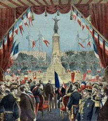 Felix Faure weiht das Denkmal zur Hundertjahrfeier der Wiedervereinigung von Nizza mit Frankreich 1896 ein (Gravur)
