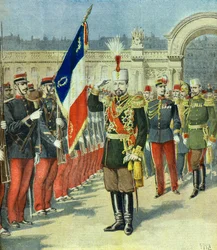 Ferdinand I. König von Bulgarien wird im Elysee-Palast empfangen, Paris 1896 (Gravur)
