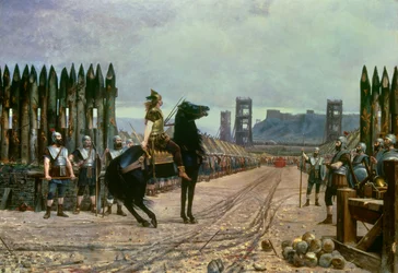 Der gallische Anführer Vercingetorix (72-46 v. Chr.) ergibt sich dem römischen Anführer Julius Caesar (100-44 v. Chr.) nach der Schlacht von Alesia im Jahr 52 v. Chr.