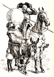 Don Quichotte auf seinem Pferd, neben Sancho auf seinem Esel