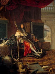 Porträt von Ludwig XIV. (1638 - 1715), König von Frankreich, Beschützer der Königlichen Akademie für Malerei und Skulptur, mit dem Zepter von Karl V. genannt Karl der Große