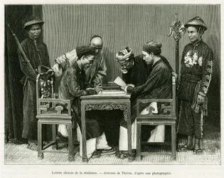 Chinesische Briefe aus der französischen Residenz in Hanoi. Gravur von Thiriat, nach einer Fotografie, zur Illustration der Geschichte „Dreißig Monate in Tonkin“ von Doktor Hocquard, veröffentlicht in Le Tour du monde 1889