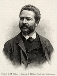 Porträt von Jules Claine (1856-1939), Entdecker und Diplomat, Autor der Geschichte. Gravur von Thiriat zur Illustration der Geschichte „Ein Jahr in Malaysia“ von Jules Claine (1856-1939)