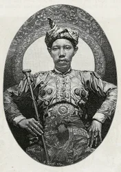 Porträt von Mohammed Yamalul Alam, Sultan von Sulu (Philippinen), 1880. Gravur von Thiriat, zur Illustration der Geschichte „Reise auf die Philippinen“.