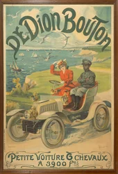 Werbung für De Dion Bouton Autos mit La Belle Otero am Steuer und Michel Zelete, Diener des Marquis von Dijon, neben ihr