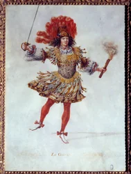 Kostüm für den Krieg, hält in einer Hand eine Fackel und in der anderen ein Schwert im Ballett Les noces de Pelee et Thetis