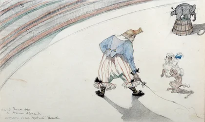 Zirkusszene: Dressur. Ein Clown mit einem Wissenschaftshund und einem akrobatischen Elefanten. Zeichnung von Henri de Toulouse Lautrec 19. Jahrhundert Albi, Musee de Toulouse Lautrec