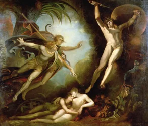 Satan erschrickt vor der Berührung von Ithuriels Lanze