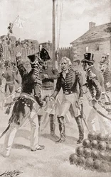 Brigadegeneral William Hull kapituliert das Fort und die Stadt Detroit, Michigan, Amerika während der Belagerung von Detroit, aus Die Geschichte unseres Landes, veröffentlicht 1905