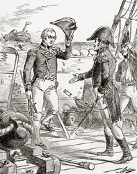 Kapitän Dacres von der HMS Guerriere kapituliert und bietet Kapitän Hull an Bord der USS Constitution nach seiner Niederlage während des Krieges von 1812 sein Schwert an, aus Die Geschichte unseres Landes, veröffentlicht 1905