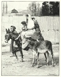 Mehrere Personen reiten auf einem Esel (Lithografie)