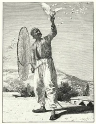 Vögel auf dem Dach im Osten fangen (Lithografie)