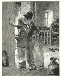 Gesetze und Vorschriften an der Türpfosten eines jüdischen Hauses (Lithografie)
