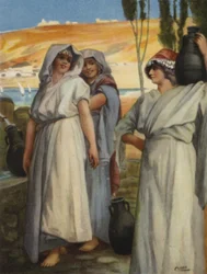 Frauen schöpfen Wasser an einem Brunnen