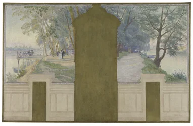Skizze für den Hochzeitssaal des Rathauses von Asnières: Landschaften. Die Seine mit den Brücken von Saint-Ouen und Courbevoie, ca. 1900