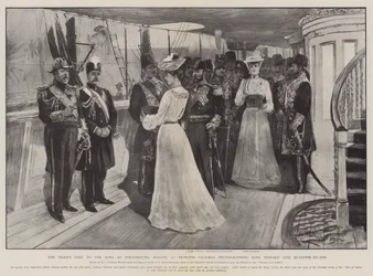 Der Besuch des Schahs beim König in Portsmouth, 20. August, Prinzessin Victoria fotografiert König Edward und Muzaffir-ed-Din