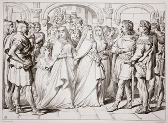 Alftruda erkennt Hereward, Illustration aus Hereward the Great von Charles Kingsley, veröffentlicht 1870, graviert von C.G. Lewis