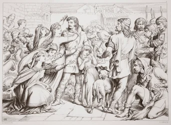 Wie Hereward den Bären tötete, Illustration aus Hereward the Great von Charles Kingsley, veröffentlicht 1870, graviert von C.G. Lewis (Stahlstich)