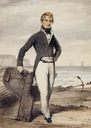Porträt von Edward Pocock R.N., kleine Ganzfigur, stehend neben einem gestrandeten Ruderboot bei Ebbe