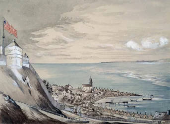 Fort und Dorf Mackinaw mit dem Indianerlager, September 1842