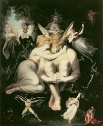 Titania erwacht, umgeben von dienenden Feen, und klammert sich verzückt an Bottom, der noch immer den Eselskopf trägt, 1793-4