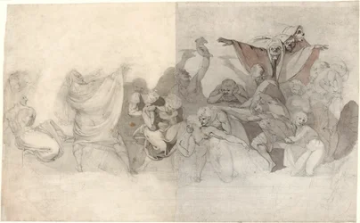 Triumph des Todes: Drei Skelette, die ein Bacchanal unter der Leitung eines Magiers oder eines bösen Dämons überfallen
