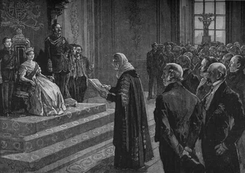 Peers und Mitglieder des Unterhauses überreichen der Königin am Vorabend des Krimkriegs eine patriotische Adresse, 1891
