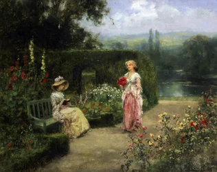 Junge Frauen in einem Garten auf dem englischen Land