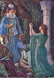 Elizabeth und Amy treffen sich in der Grotte, Illustration aus Kenilworth, ca. 1910