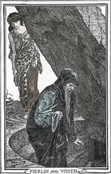 Darstellung von Merlin dem Zauberer und Fee Viviane (Illustration von Henry Justice Ford aus „Das Buch der Romantik“ 1902)