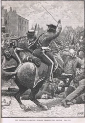 Das Peterloo-Massaker mit den Husaren, die das Volk angreifen, Illustration aus Cassell