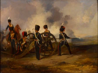 Eine Geschützmannschaft der Royal Horse Artillery beim Laden, ca. 1844