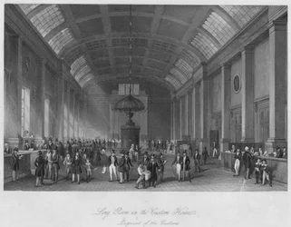 Langer Raum im Zollhaus. Zahlung der Zölle, um 1841