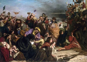 Abschied der Auswanderer, auf einem Dock an der Themse (England), Beschreibung von Gruppen von Menschen aller Altersgruppen und sozialen Klassen sowie der Matrosen in roten und blauen Hemden auf dem Boot, die der Menge zuwinken