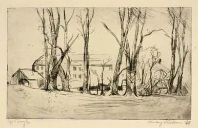 Krankenhausähnliches Gebäude zwischen großen Bäumen