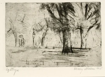 Park mit zwei Spaziergängern und Laterne