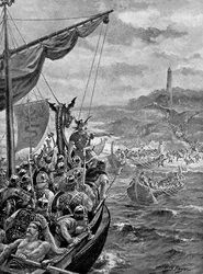 Ein Angriff der Dänen auf Irland, 9. Jahrhundert n. Chr., ca. 1920