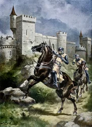 Die Belagerung von Châlus, Illustration aus „Hutchinsons Geschichte der britischen Nation“, ca. 1920 (spätere Kolorierung)