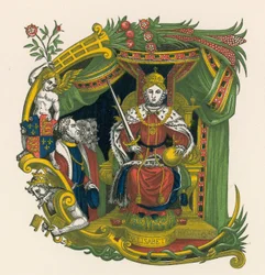 Ornamentaler Buchstabe E, mit Porträt von Königin Elisabeth I.